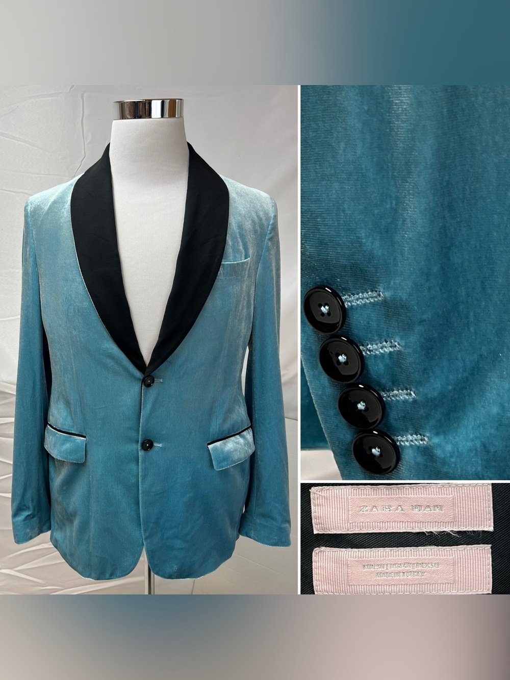 Zara Men’s 40 Blue Velvet Black Shawl Collar Tailored Slim Fit Tuxedo Jacket